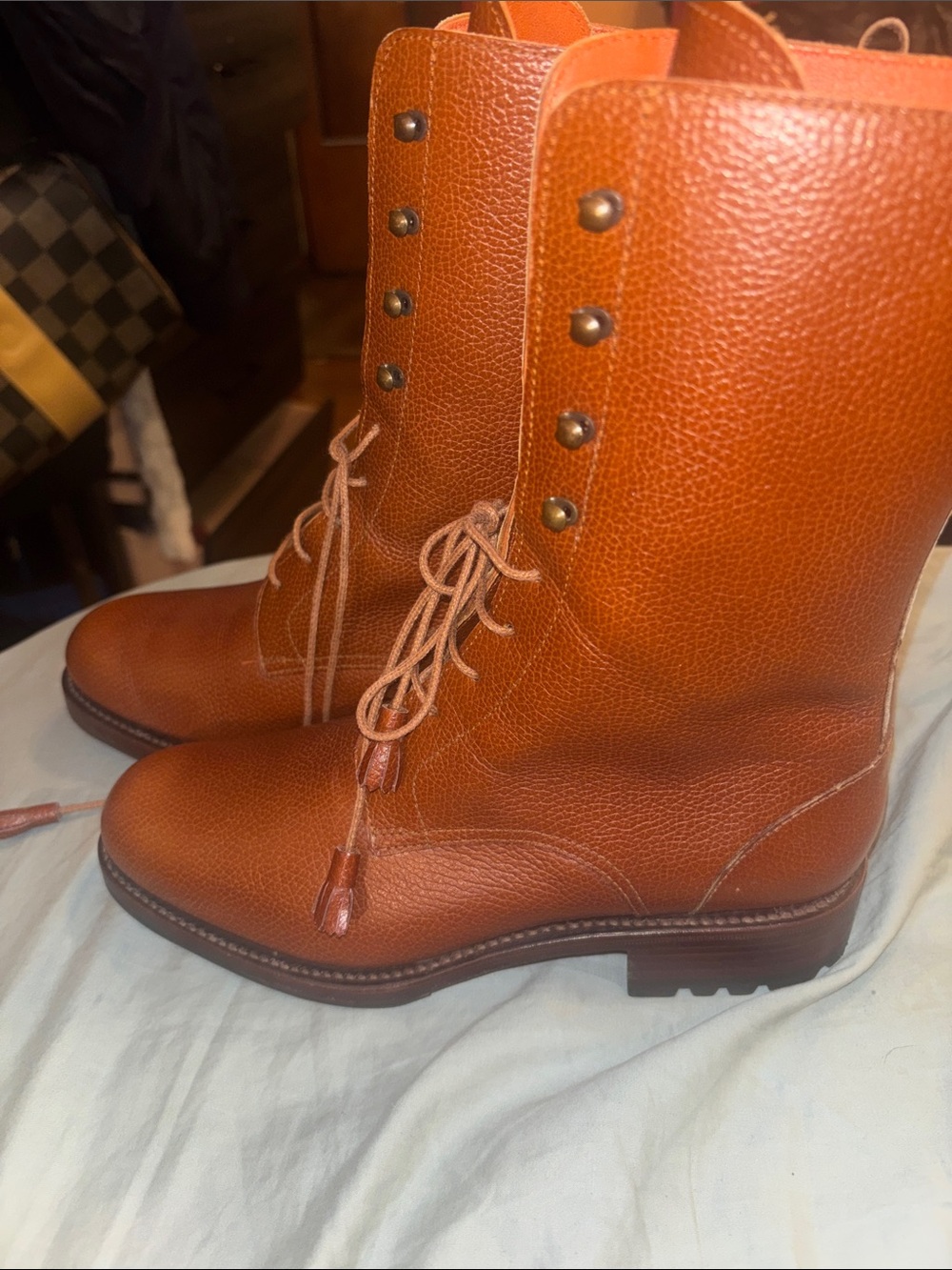 Women's Tan Lace-Up Leather Combat Boots